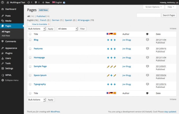 Dashboard image showing a list of WordPress pages