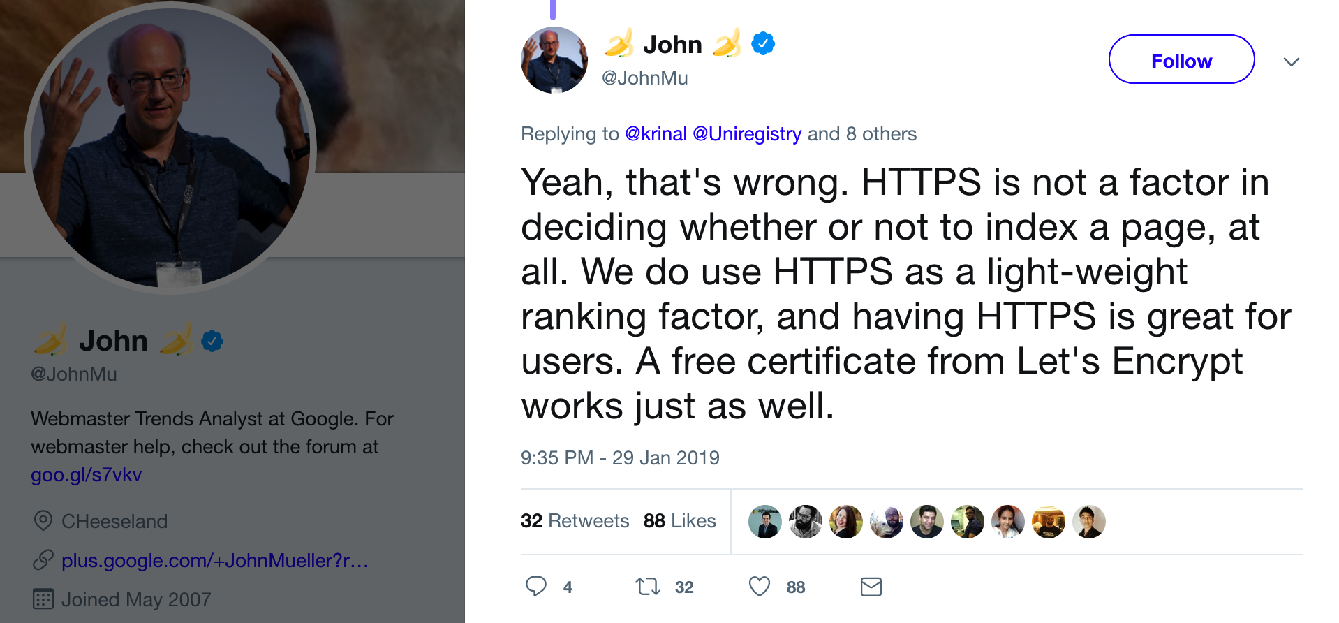 Tweet from John Mueller - Webmaster Trends Analyst at Google